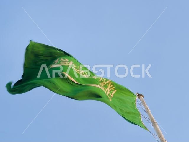 العلم الوطني للمملكة العربية السعودية، خلفية خضراء عليها كتابة عربية وسيف أبيض عليه كتابة للعقيدة الإسلامية، أو