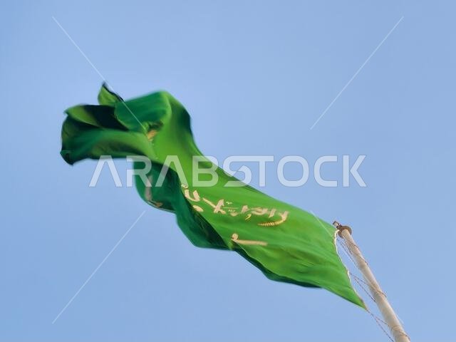 العلم الوطني للمملكة العربية السعودية، خلفية خضراء عليها كتابة عربية وسيف أبيض عليه كتابة للعقيدة الإسلامية، أو