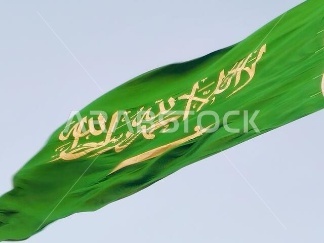 العلم الوطني للمملكة العربية السعودية، خلفية خضراء عليها كتابة عربية وسيف أبيض عليه نقش للعقيدة الإسلامية، أو