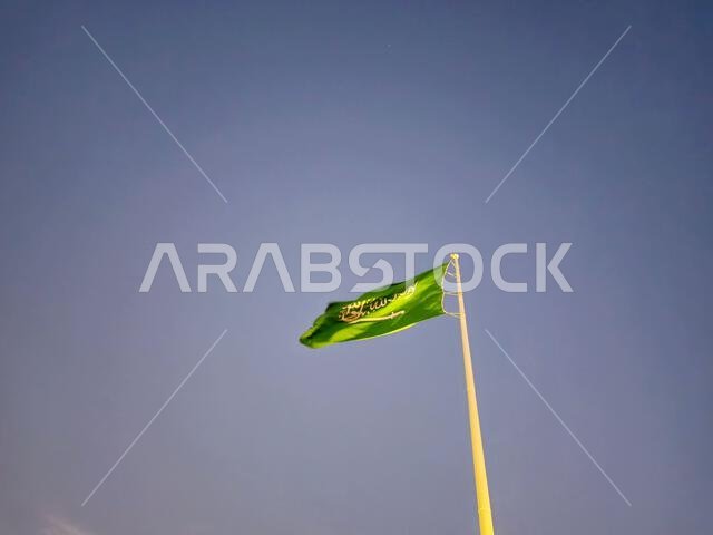 العلم الوطني للمملكة العربية السعودية، خلفية خضراء عليها كتابة عربية وسيف أبيض عليه كتابة للعقيدة الإسلامية، أو