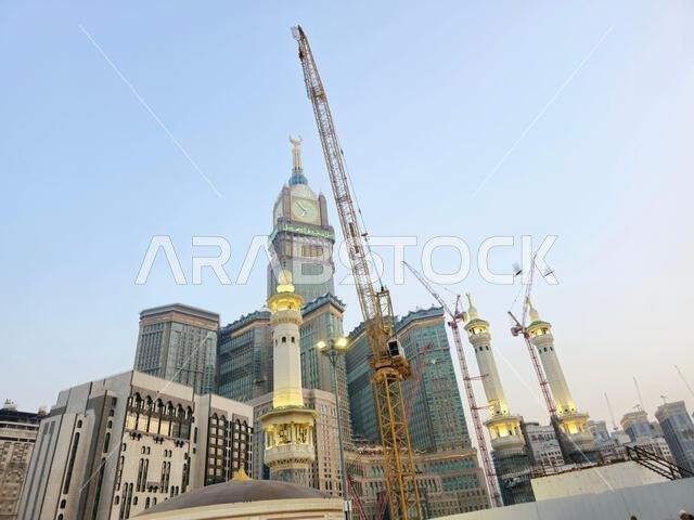 Mecca, Saudi Arabia, June 4 2024: The Clock Towers near Kaaba, a government-owned complex of seven skyscraper hotels in Mecca, a part of King AbdulAzi