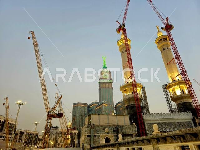 Mecca, Saudi Arabia, June 4 2024: Minarets of Al Masjid Al Haram mosque around the Kaaba in Hajj, pilgrimage, Umrah, with crane towers around it for m Mecca, Saudi Arabia, June 4 2024: Minarets of Al Masjid Al Haram mosque around the Kaaba in Hajj, pilgrimage, Umrah, with crane towers around it for m