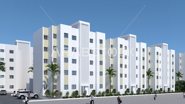 مخطط ثلاثي الأبعاد لمجمع سكني فاخر، كومباوند، شقق سكنية سياحية، تصميم معماري هندسي حديث، الهندسة المعمارية في المملكة العربية السعودية، فنادق سياحية فاخرة