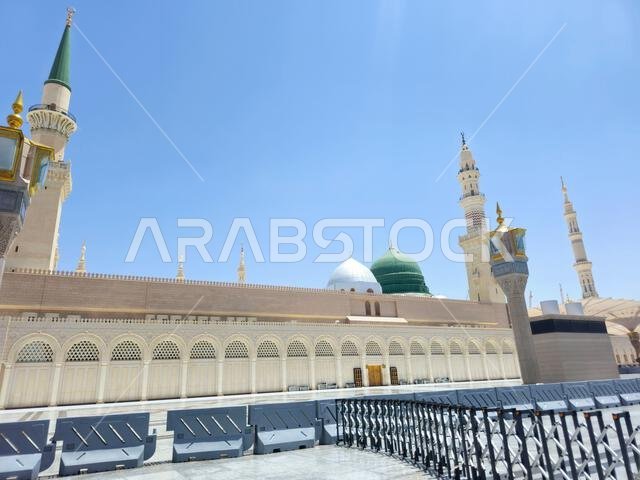 Medina, Saudi Arabia, June 26 2024: The Exterior view of The Prophet's Mosque or Al Masjid Al Nabawi, a major site of pilgrimage that falls under the