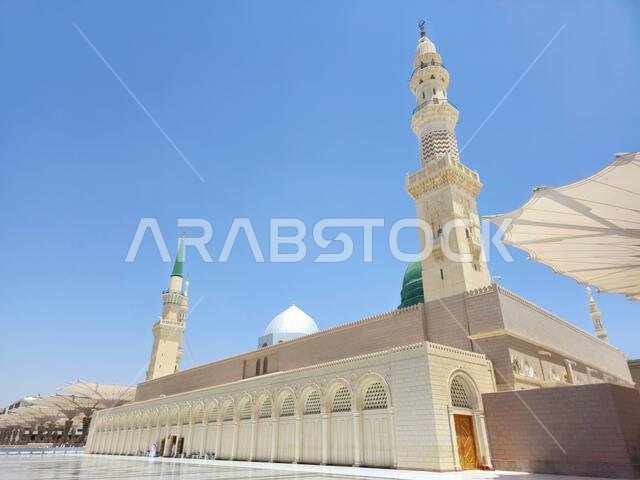 Medina, Saudi Arabia, June 26 2024: The Exterior view of The Prophet's Mosque or Al Masjid Al Nabawi, a major site of pilgrimage that falls under the