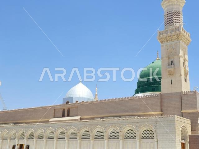 The Minaret and the Green dome of The Prophet's Mosque or Al Masjid Al Nabawi, a major site of pilgrimage that falls under the purview of the Custodia