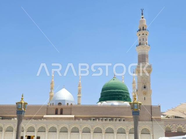 The Minaret and the Green dome of The Prophet's Mosque or Al Masjid Al Nabawi, a major site of pilgrimage that falls under the purview of the Custodia