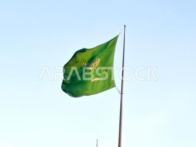 العلم الوطني للمملكة العربية السعودية، خلفية خضراء عليها كتابة عربية وسيف أبيض عليه كتابة للعقيدة الإسلامية، أو