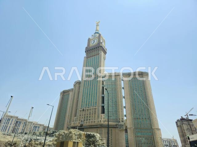 Mecca, Saudi Arabia, June 5 2024: The Clock Towers near Kaaba, a government-owned complex of seven skyscraper hotels in Mecca, a part of King AbdulAzi Mecca, Saudi Arabia, June 5 2024: The Clock Towers near Kaaba, a government-owned complex of seven skyscraper hotels in Mecca, a part of King AbdulAzi