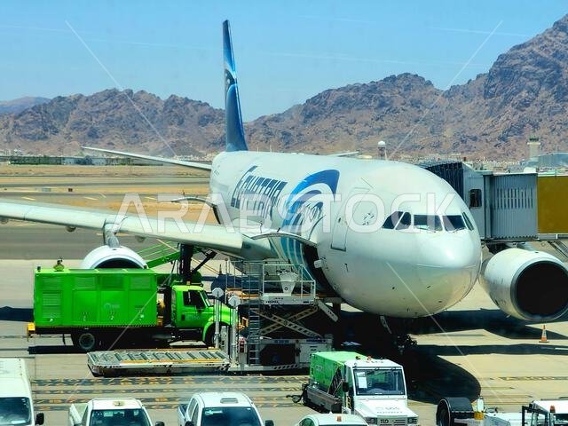 Medina, Saudi Arabia, June 29 2024: Egypt Air plane in Prince Mohammad Bin AbdulAziz International Airport, in Madinah, handles domestic and regional