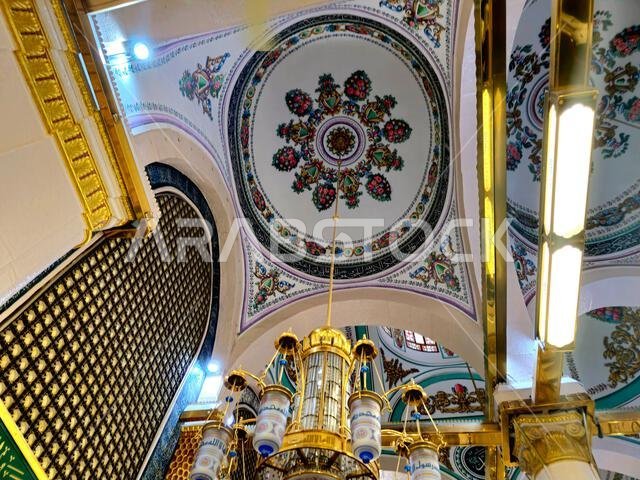 Medina, Saudi Arabia, June 26 2024: Al Rawda Al Sharefa, The Grave of Prophet Muhammed peace be upon him, with the 1st two Islamic caliphs after him A