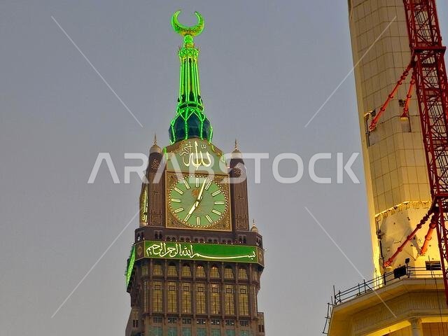Mecca, Saudi Arabia, June 4 2024: The Clock Towers near Kaaba, a government-owned complex of seven skyscraper hotels in Mecca, a part of King AbdulAzi Mecca, Saudi Arabia, June 4 2024: The Clock Towers near Kaaba, a government-owned complex of seven skyscraper hotels in Mecca, a part of King AbdulAzi