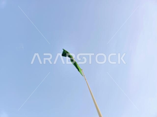 The national flag of Saudi Arabia kingdom, a green background with Arabic inscription and a sword in white, with inscription of the Islamic creed, or