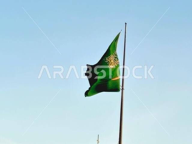 العلم الوطني للمملكة العربية السعودية، خلفية خضراء عليها كتابة عربية وسيف أبيض عليه نقش للعقيدة الإسلامية، أو