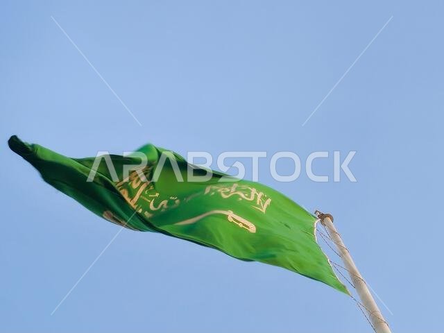العلم الوطني للمملكة العربية السعودية، خلفية خضراء عليها كتابة عربية وسيف أبيض عليه نقش للعقيدة الإسلامية، أو