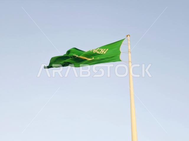The national flag of Saudi Arabia kingdom, a green background with Arabic inscription and a sword in white, with inscription of the Islamic creed, or