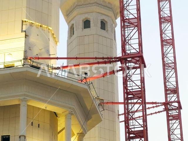 Mecca, Saudi Arabia, June 4 2024: Minarets of Al Masjid Al Haram mosque around the Kaaba in Hajj, pilgrimage, Umrah, with crane towers around it for m Mecca, Saudi Arabia, June 4 2024: Minarets of Al Masjid Al Haram mosque around the Kaaba in Hajj, pilgrimage, Umrah, with crane towers around it for m