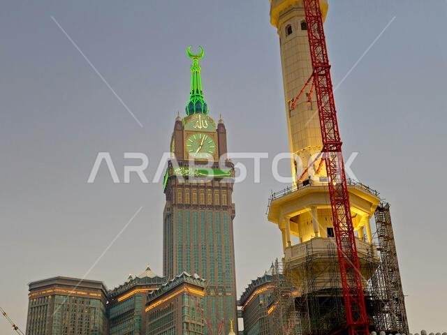 Mecca, Saudi Arabia, June 4 2024: The Clock Towers near Kaaba, a government-owned complex of seven skyscraper hotels in Mecca, a part of King AbdulAzi Mecca, Saudi Arabia, June 4 2024: The Clock Towers near Kaaba, a government-owned complex of seven skyscraper hotels in Mecca, a part of King AbdulAzi