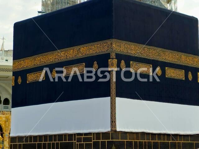 Mecca, Saudi Arabia, June 12 2024: The Holy Kaaba in Ihram Kiswa or clothing, a white cloth symbolizing the Ihram is put on the Kabah building in pilg