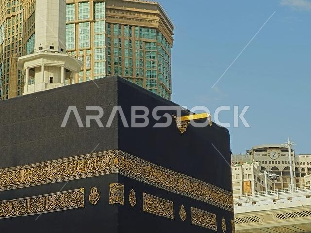 Mecca, Saudi Arabia, June 12 2024: Upper part of the holy Kaaba, al-Ka'ba al-Musharrafa, a stone building at the center of Islam's most important mosq