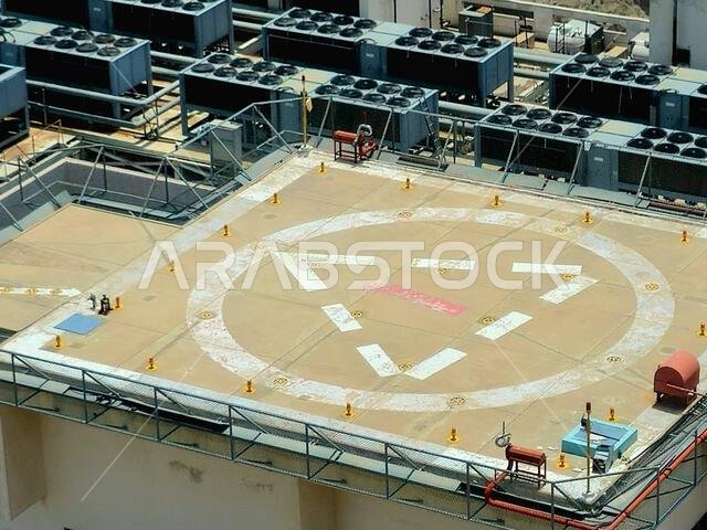 Mecca, Saudi Arabia, June 23 2024: A heliport, vertiport, a small airport suitable for use by helicopters and various types of vertical lift aircraft