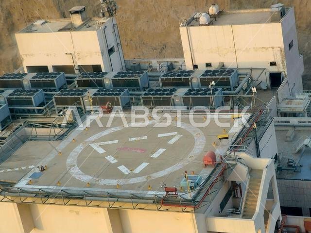 Mecca, Saudi Arabia, June 3 2024: A heliport, vertiport, a small airport suitable for use by helicopters and various types of vertical lift aircraft h
