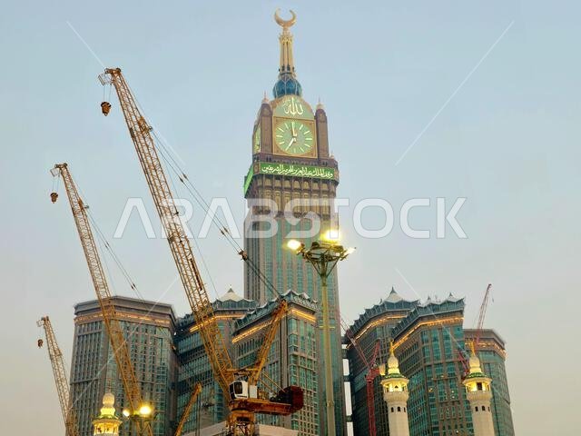 Mecca, Saudi Arabia, June 4 2024: The Clock Towers near Kaaba, a government-owned complex of seven skyscraper hotels in Mecca, a part of King AbdulAzi