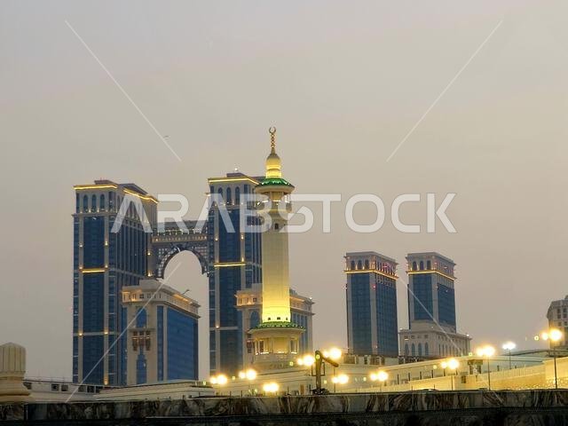 Mecca, Saudi Arabia, June 4 2024: Hotel buildings that surrounds Al Masjid Al Haram, the Sacred Mosque or the Great Mosque of Mecca, is considered to