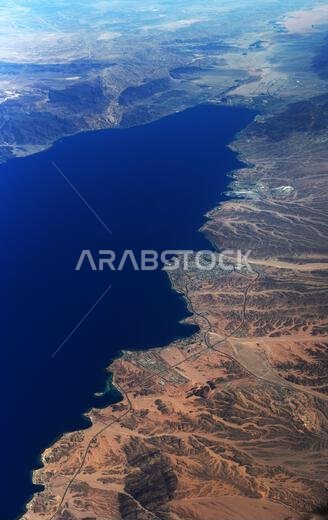 Aerial view of the Gulf of Aqaba and the Saudi and Jordanian coastline. Aerial view of the Gulf of Aqaba and the Saudi and Jordanian coastline.