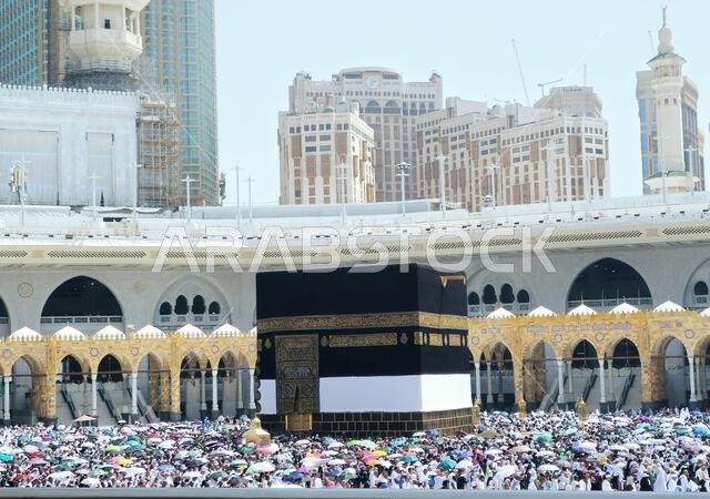 Mecca, Saudi Arabia, June 4 2024: Tawaf around Kaaba in Hajj, pilgrimage, Umrah, circumambulating, encircling, walk around the Holy Ka'abah seven time