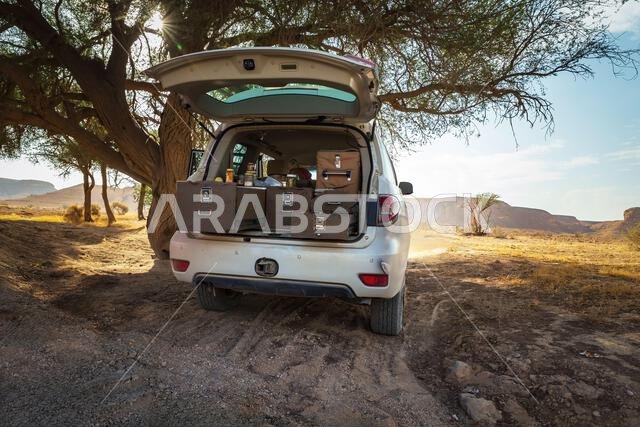 Vehicle under a tree shade while traveling to Edge of the World tourist spot in Riyadh Saudi Arabia.Selective focused on the subject and background bl