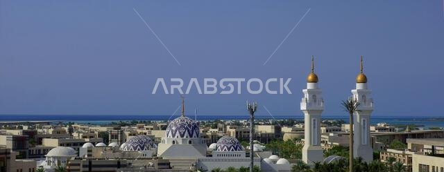 View over mosque and residential buildings, on campus of the King Abdullah University of Science and Technology, near Jeddah, Saudi Arabia. No PR