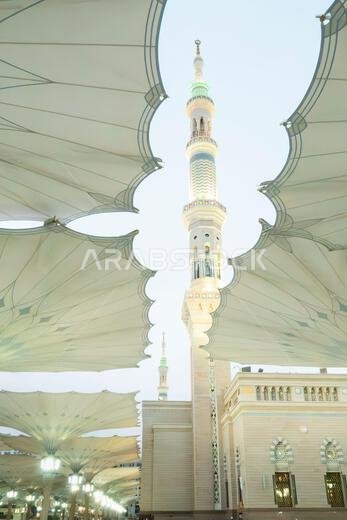 Interior view of Prophet's Mosque or Nabawi Mosque in Medina, Saudi Arabia