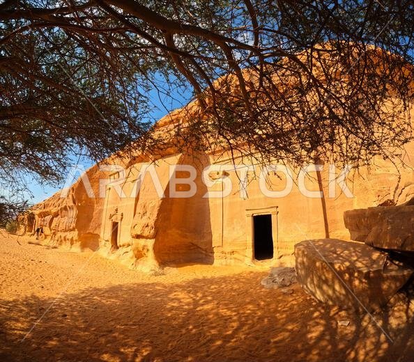 Tombs 40 and 39,  Jabal AlBanat (Qasr AlBint), Hegra Archaeological Site (al-Hijr / Madā ͐ in Ṣāliḥ), in the desert near Al Ula, Saudi Arabia. No PR o