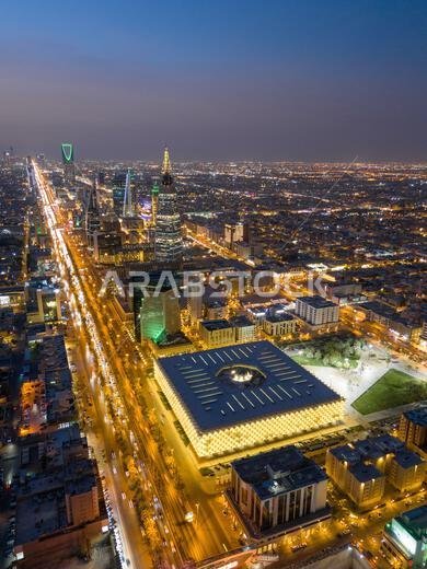 King Fahad National Library. Riyadh. Drone shot flying. Evening. 