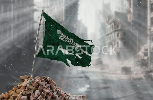 Dirty and torn Saudi Arabia flag, symbol of resistance and victory. A scene of war and devastation, the ruins of a city destroyed by conflicts. 3D Ren