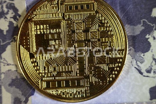 عملة الريال السعودي الورقية مزودة بعملة بيتكوين ذهبية مادية، بيتكوين هي أول عملة مشفرة لامركزية، وعقد في شبكة بيتكوين من نظير إلى نظير للتحقق من المعاملات