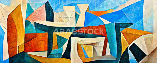 صورة مقربة للوحة هندسية تجريدية بانورامية ابداعية ، رسوم فنية ، فن تشكيلي ، لوحة فنية جدارية ، لوحات رسم ، معارض و فنون 