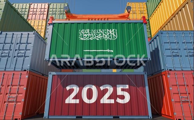 Trading 2025. Freight container with Saudi Arabia national flag. 3D Rendering