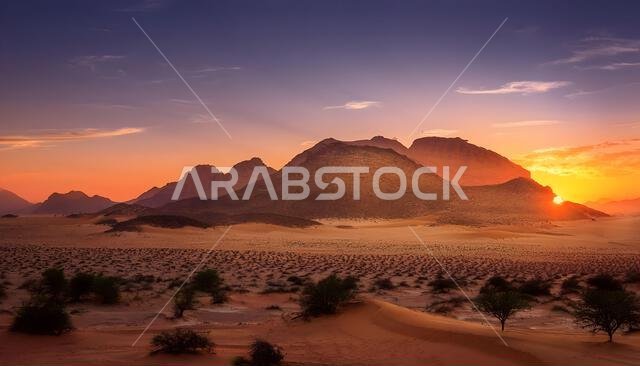منظر خلاب لشروق الشمس في الصحراء بالقرب من تبوك، المملكة العربية السعودية
