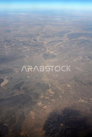 Aerial view of beautiful desert landscapes in the Qaraqir region in Saudi Arabia.