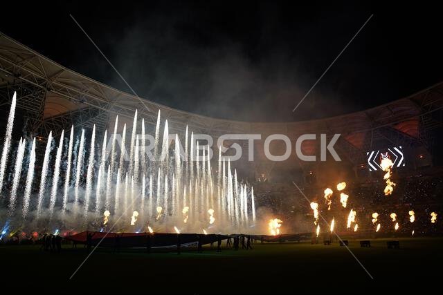 Jeddah, Saudi Arabia. 08th Jan, 2025. Fireworks illuminate the stadium ahead of the Spanish Super Cup semi-final match between FC Barcelona and Athletic Bilbao at King Abdullah Sports City. Credit: SOPA Images Limited/Alamy Live News Jeddah, Saudi Arabia. 08th Jan, 2025. Fireworks illuminate the stadium ahead of the Spanish Super Cup semi-final match between FC Barcelona and Athletic Bilbao at King Abdullah Sports City. Credit: SOPA Images Limited/Alamy Live News