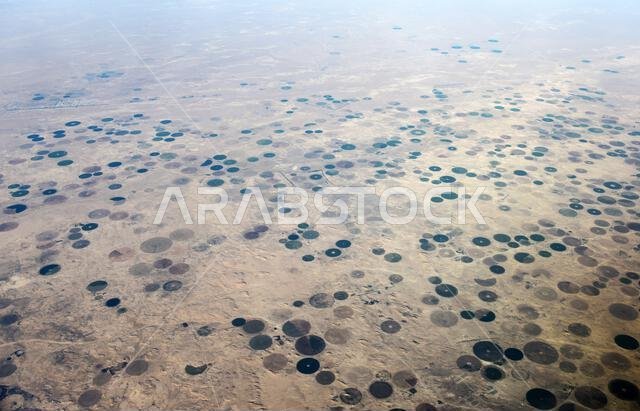 Center-Pivot circular farms in the Qaryat Al Ulya region in the Eastern province in Saudi Arabia.