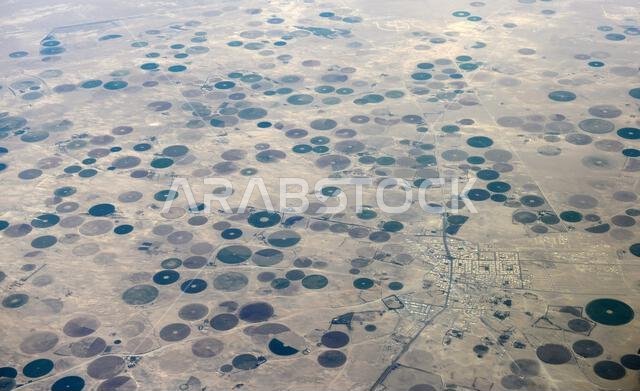 Center-Pivot circular farms in the Qaryat Al Ulya region in the Eastern province in Saudi Arabia.
