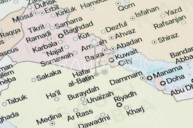 Macro photo of a white pin needle into Hafar al Batin city of Saudi Arabia political map