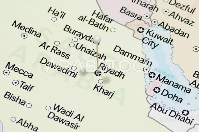 صورة مقربة لدب أبيض على الخريطة السياسية لمدينة الرياض في المملكة العربية السعودية