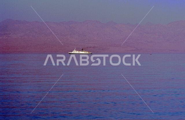 Ferry, Gulf of Aqaba and mountains of Saudi Arabia in the mist, Nuweiba, Sinai Peninsula, Egypt, September 1989