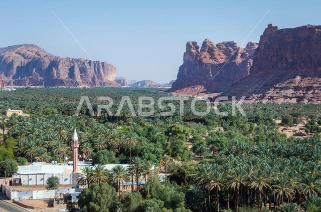 Alula, Saudi Arabia, April 3, 2024. Top view of Alula town with date trees and rock mountains in a sunny day. Alula, Saudi Arabia, April 3, 2024. Top view of Alula town with date trees and rock mountains in a sunny day.