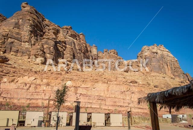 Alula, Saudi Arabia, April 3, 2024. View of Alula old town in a sunny day during Ramadan with the rock mountains at the background.