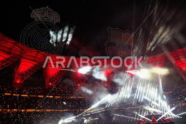 Jeddah, Saudi Arabia. 12th Jan, 2025. General view inside the stadium show the flags of Real Madrid and ahead of the Spanish Super Cup final match El Clasico between FC Barcelona and Real Madrid at King Abdullah Sports City. Final Score : Real Madrid 2 : 5 FC Barcelona Credit: SOPA Images Limited/Alamy Live News